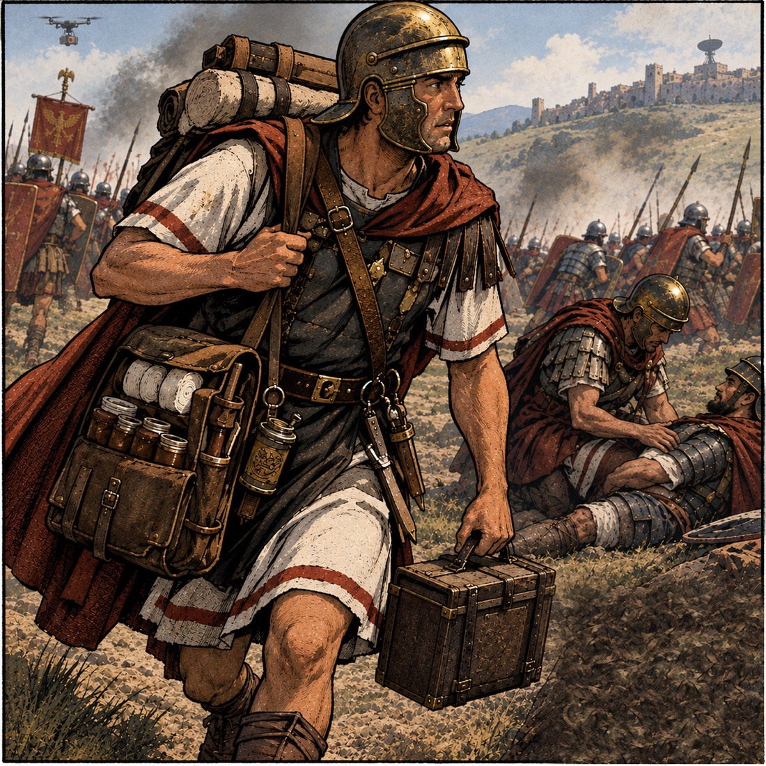 A Roman legionary medic moving across a battlefield carrying a capsa, the box of
              dressings and instruments he is named for, with a second medic treating a wounded
              soldier behind him. A drone flies overhead and a dish antenna stands on the hill fort.
